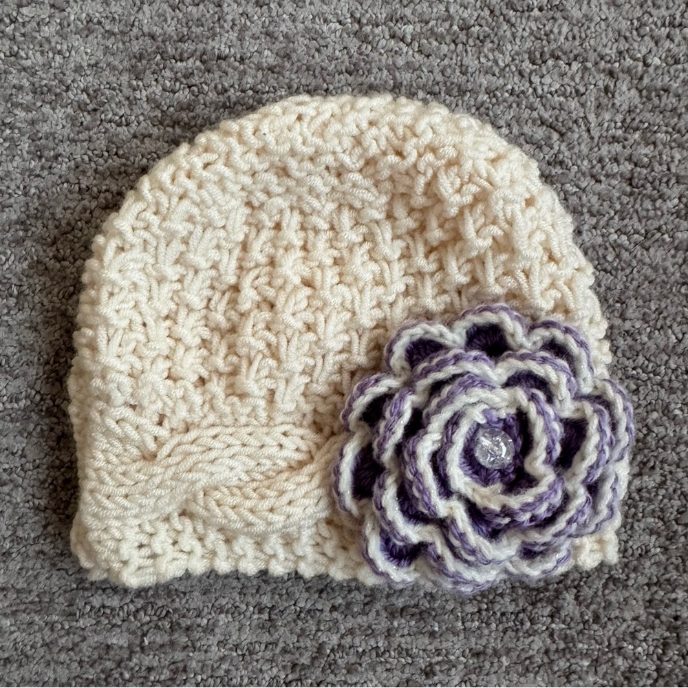 Cream Knit Baby Hat with Purple Flower
